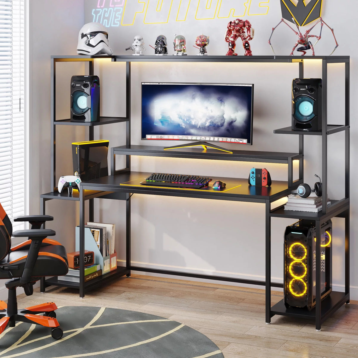 70 Inch Black Gaming Table with Hutch and Shelf R536836