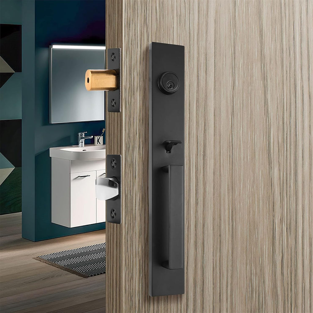 Matt Black Door Handle and Bolt Lock Set, Square Lever Heavy Duty W183147