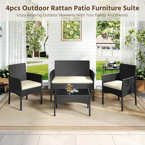 4 Pieces Rattan Wicker Patio Furniture Set with Cushion and Glass Table J981712