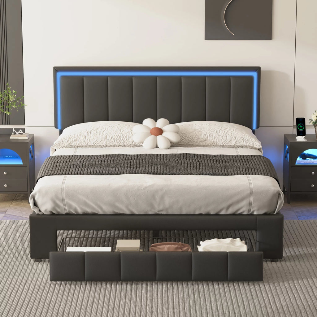 Black Queen Size Upholstered Platform Bed with Drawer Q736