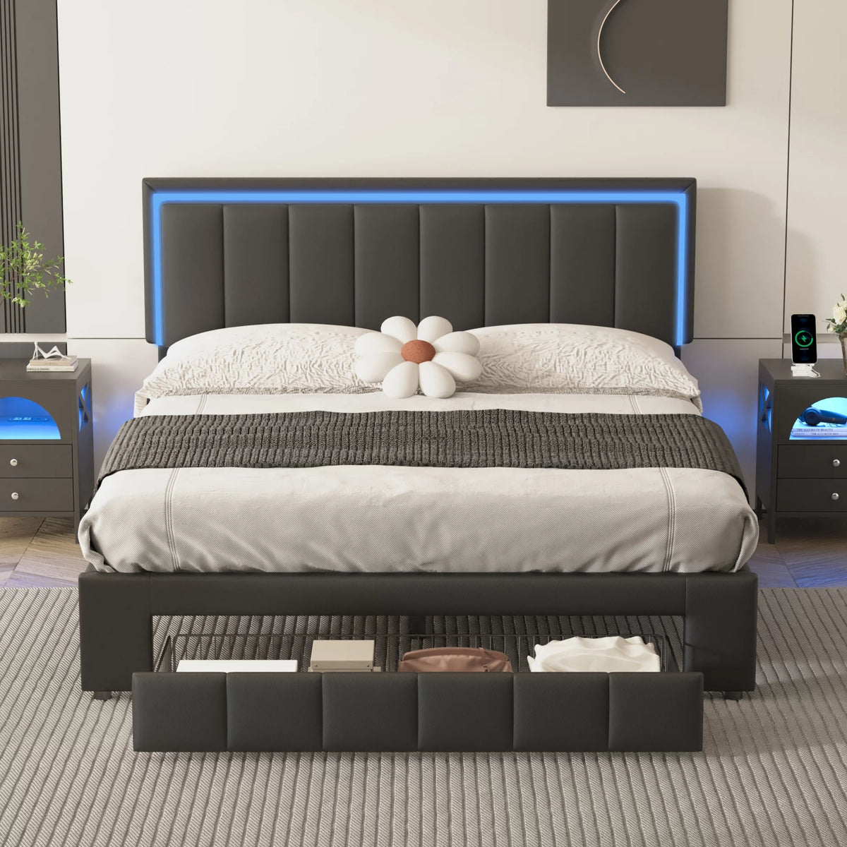 Black Queen Size Upholstered Platform Bed with Drawer Q736