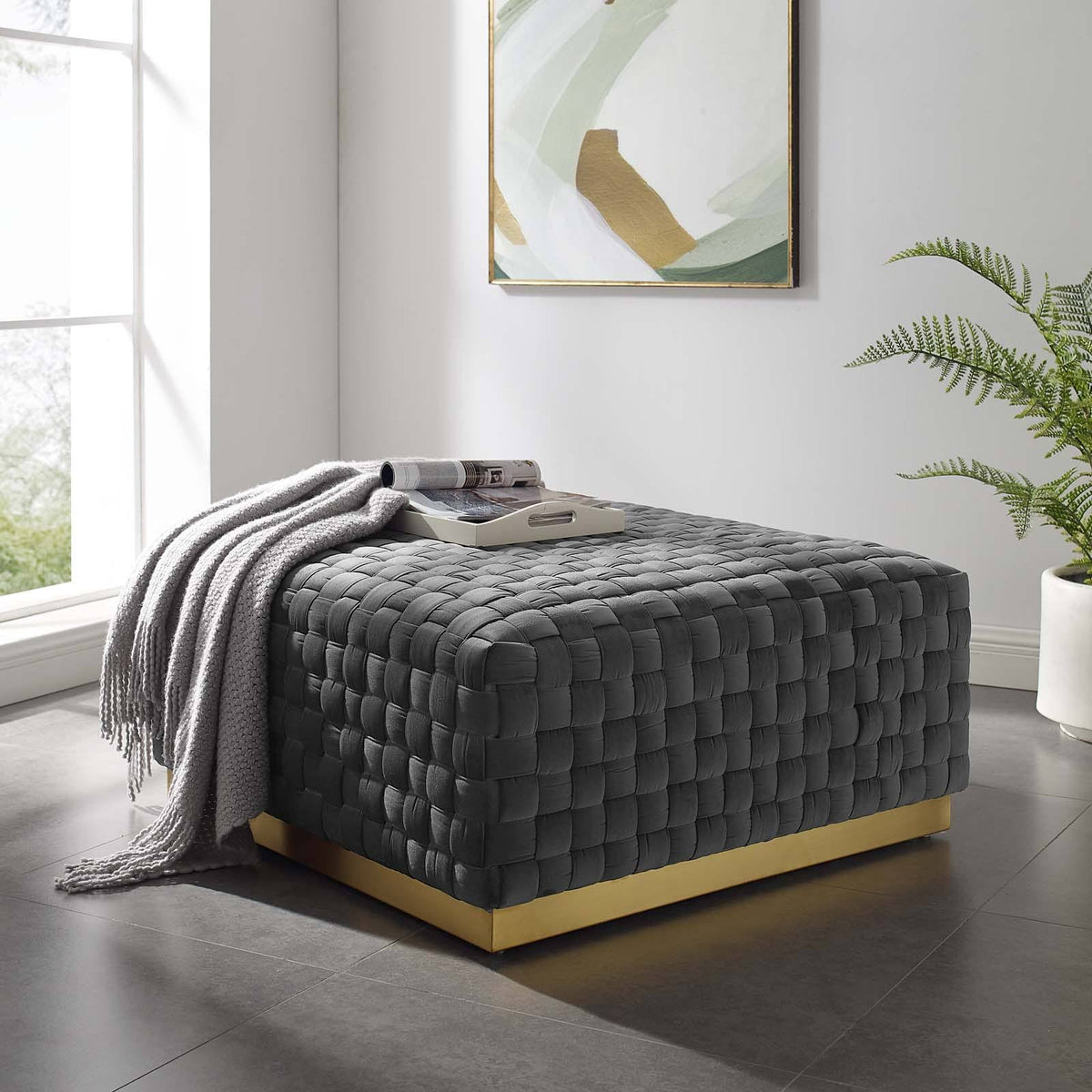 Gray Square Velvet Ottoman U184
