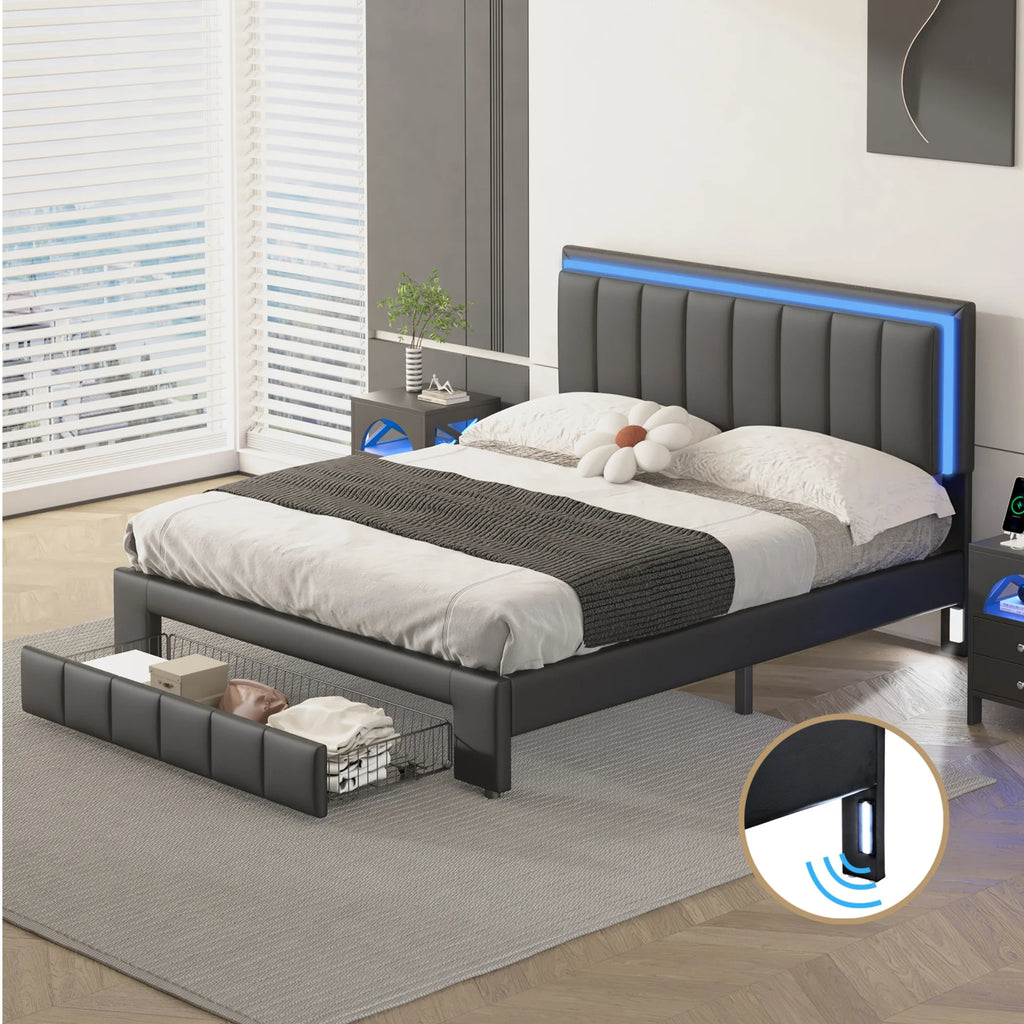 Black Queen Size Upholstered Platform Bed with Drawer Q736