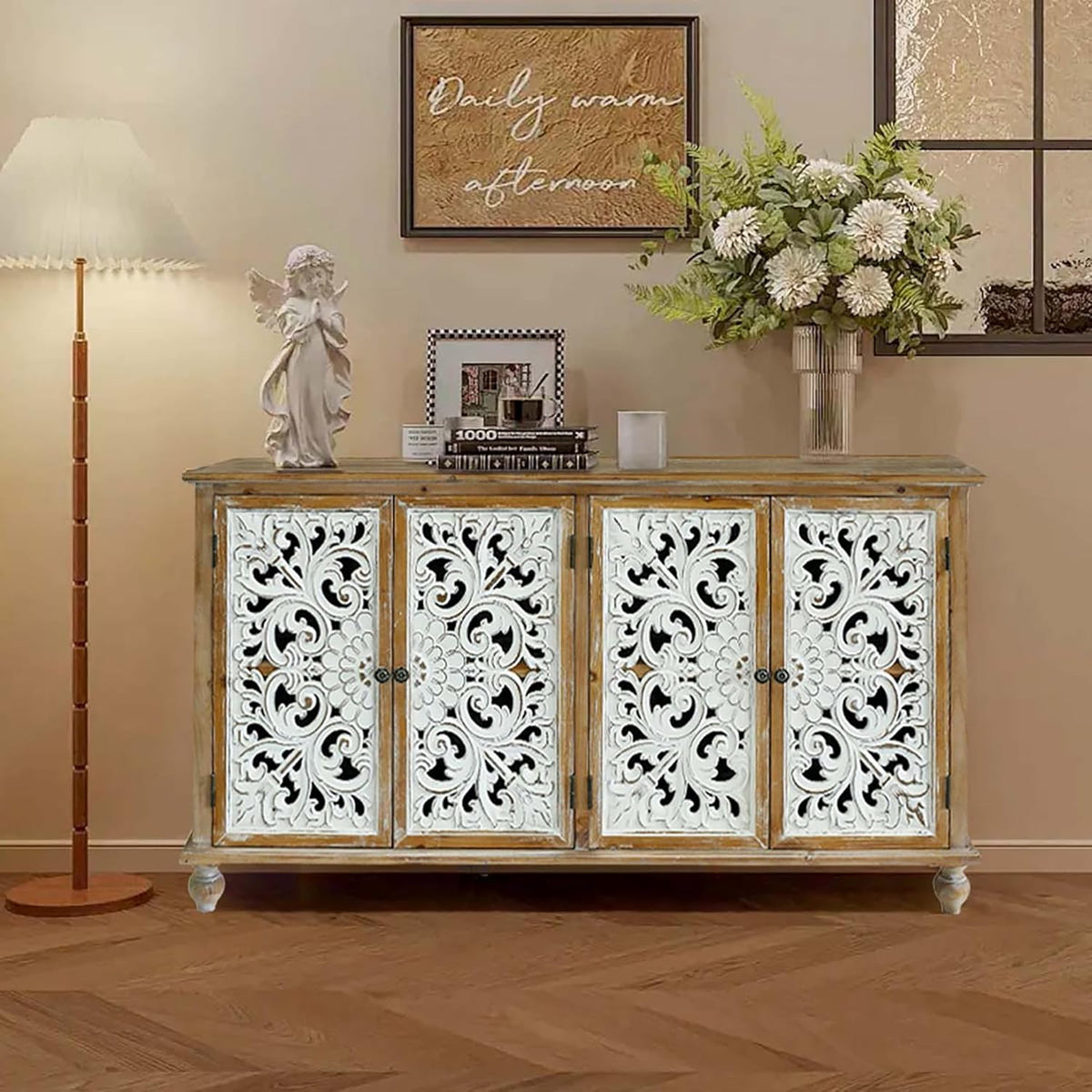 Accent Cabinet with 4 Doors and Wood Carved Floral Doors C951365