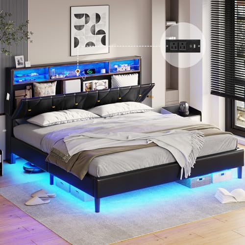 Creamy White Velvet Upholstered Full Size Bed Frame with Headboard Storage and LED Lights G9334
