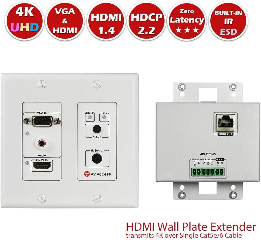 HDMI Extender Wall Plate HDMI VGA Switch 4K, 2 Port, Over Cat5e/6/7 Cable, Aux Input, Two-Way IR+RS232+HDCP2.2+EDID, 2 Gang, 4K60Hz,70M 1080P M38686