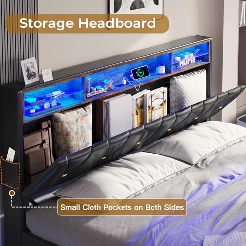 Creamy White Velvet Upholstered Full Size Bed Frame with Headboard Storage and LED Lights G9334