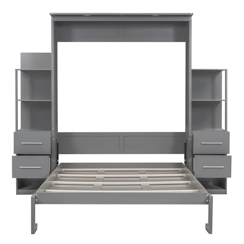 Gray Queen Size Wood Wall Bed with Shelves and Drawers N739
