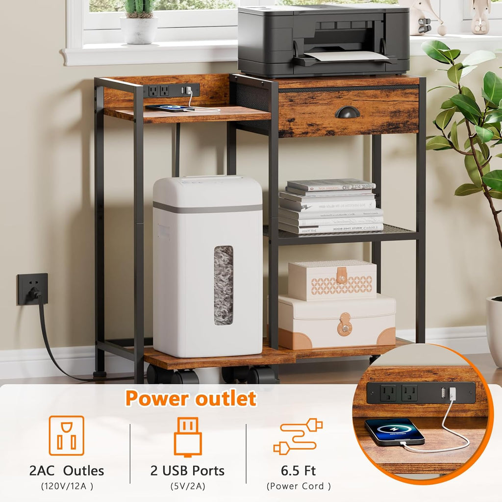 Printer Stand with Storage Drawer, 3 Tier, Wheels, Rustic Brown G76442