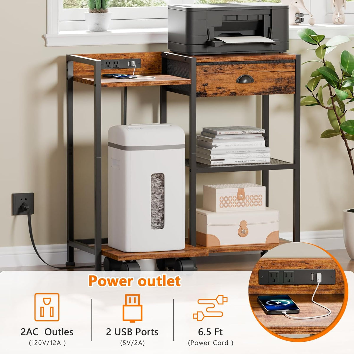 Printer Stand with Storage Drawer, 3 Tier, Wheels, Rustic Brown G76442