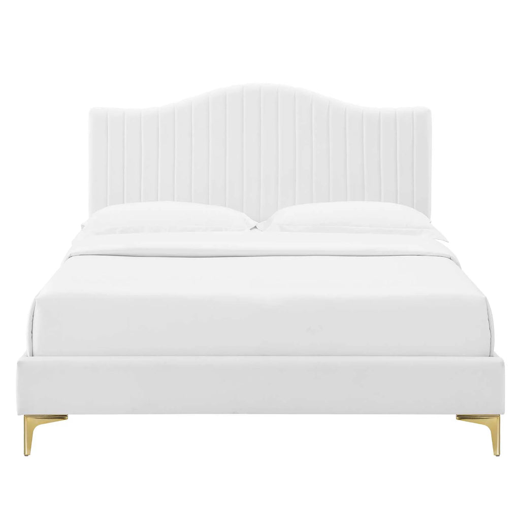 White Velvet Queen Size Tufted Platform Bed Frame S4784