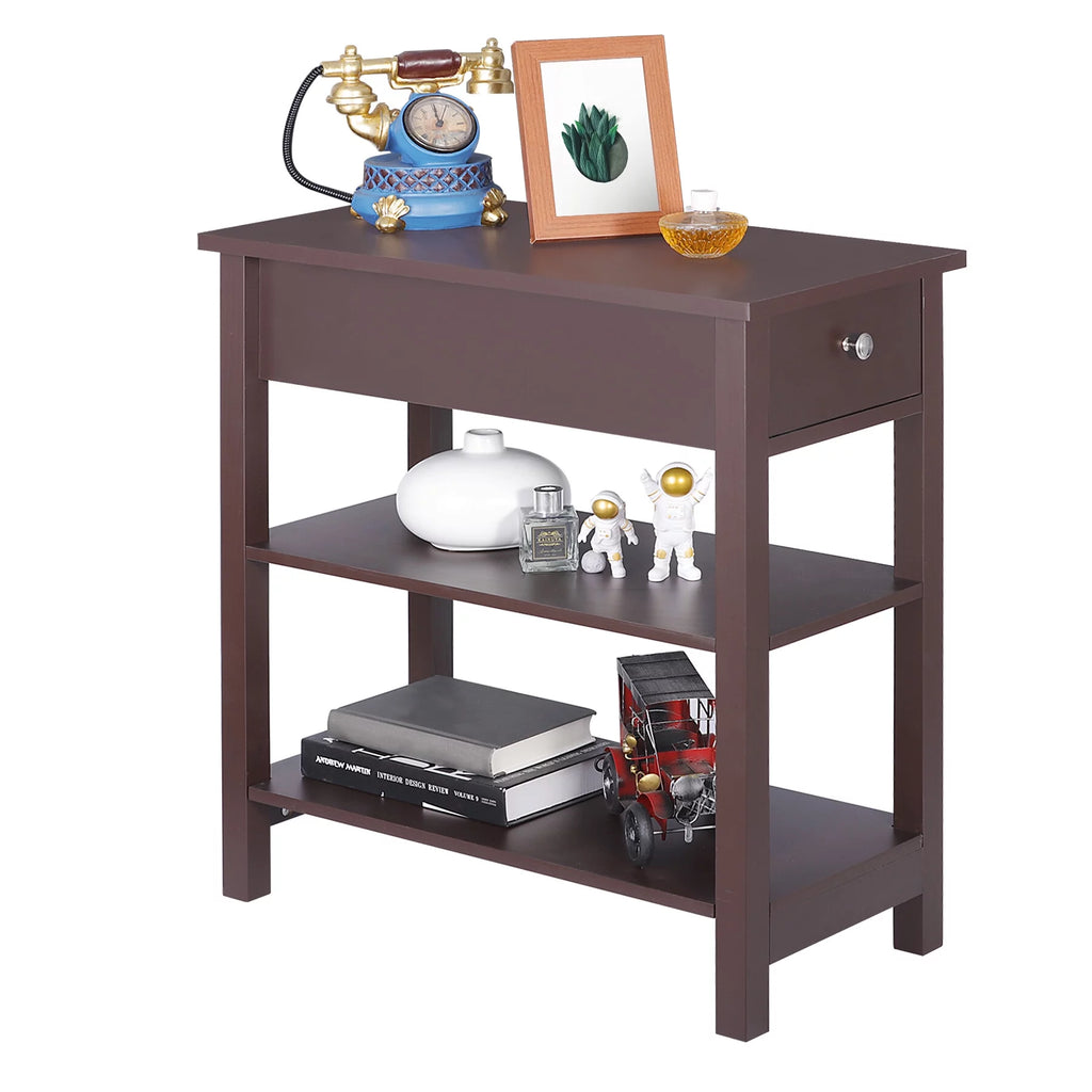 2 Pack 3-Tier Narrow MDF End Table with Drawer & Storage Shelf X4550