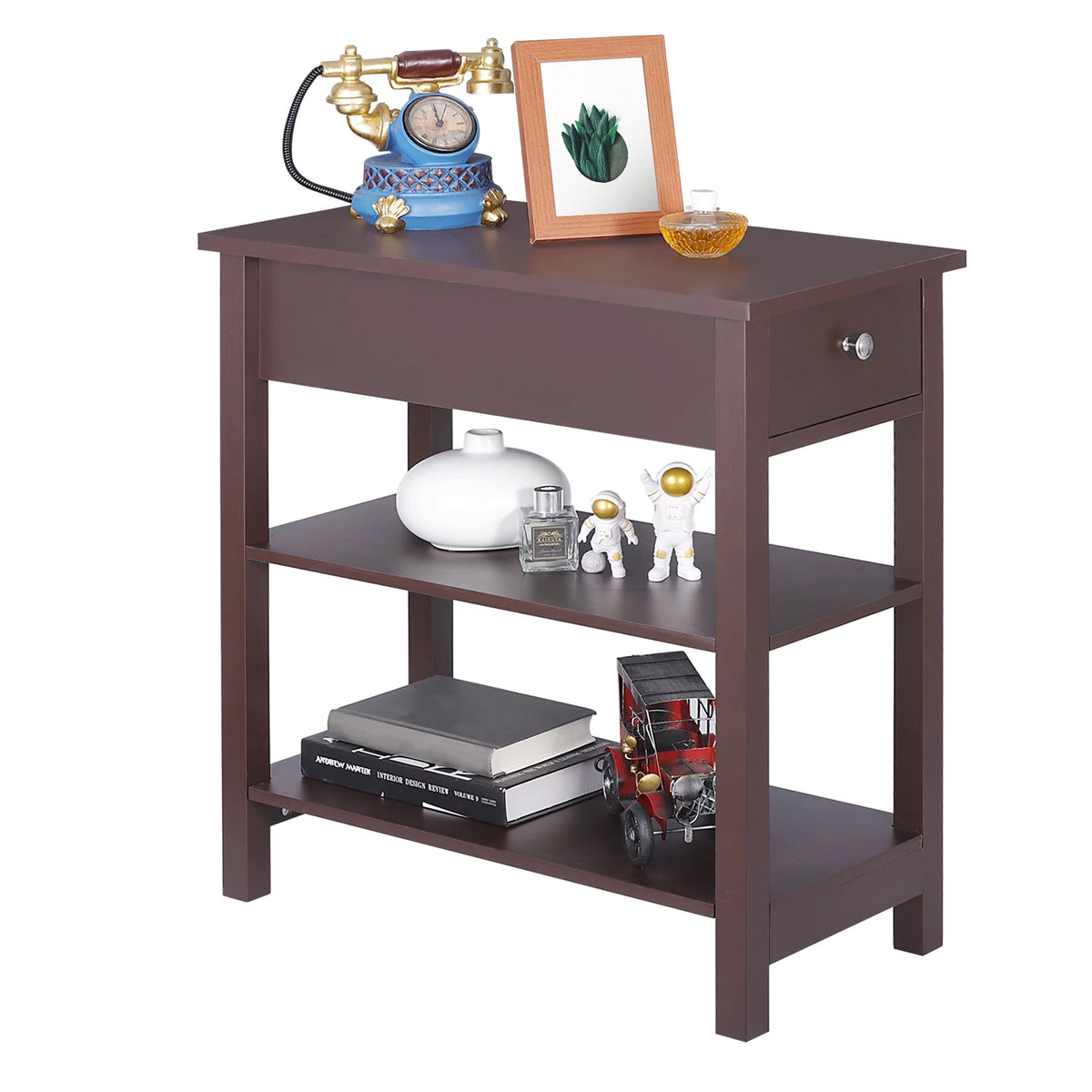 2 Pack 3-Tier Narrow MDF End Table with Drawer & Storage Shelf X4550
