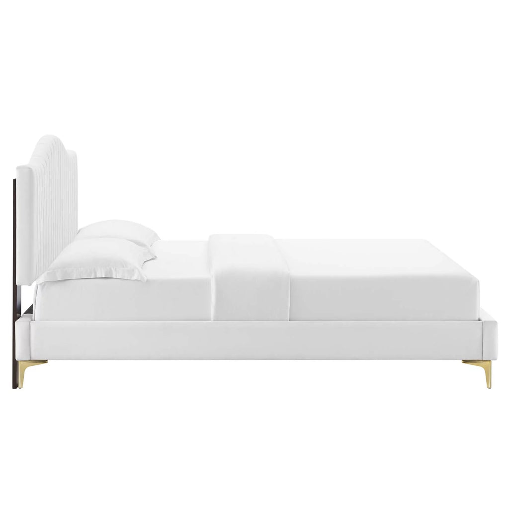 White Velvet Queen Size Tufted Platform Bed Frame S4784