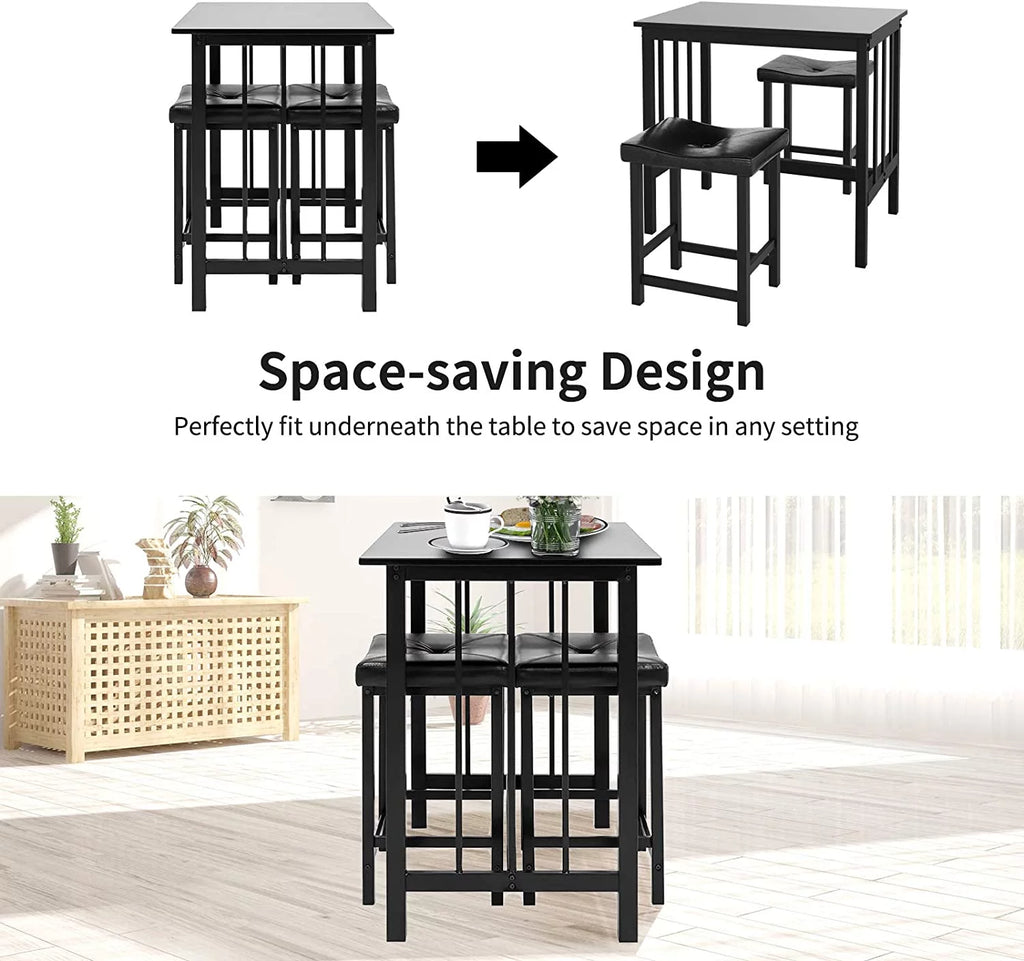 Black 3 Piece Dining Table Set with 2 Faux Leather Backless Stools D2785