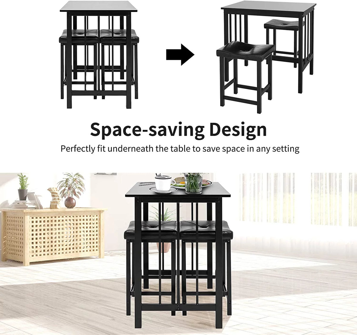 Black 3 Piece Dining Table Set with 2 Faux Leather Backless Stools D2785