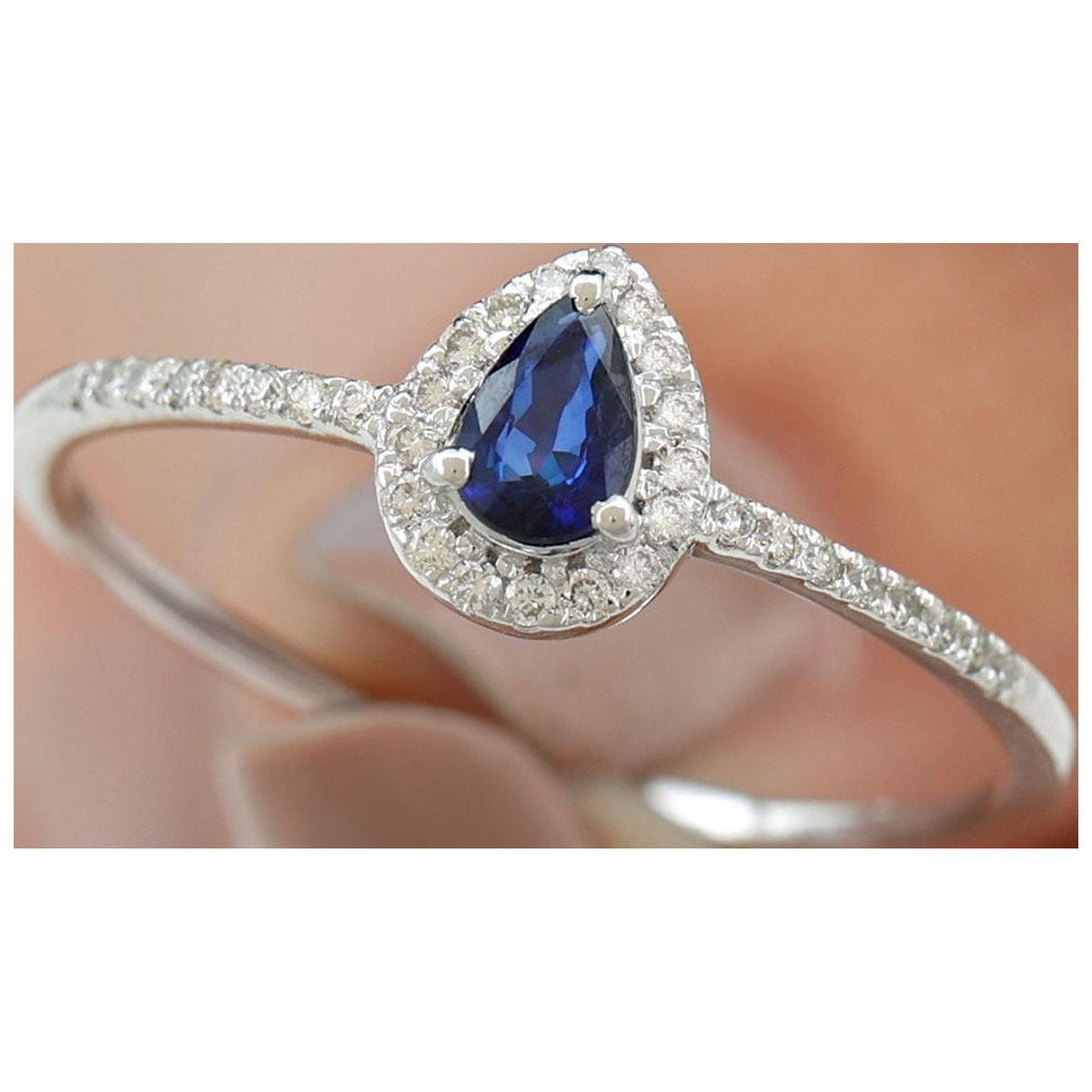 Pear Cut Blue Sapphire Teardrop Ring with Diamond Halo, 925 Sterling Silver, US 8.00 B124826