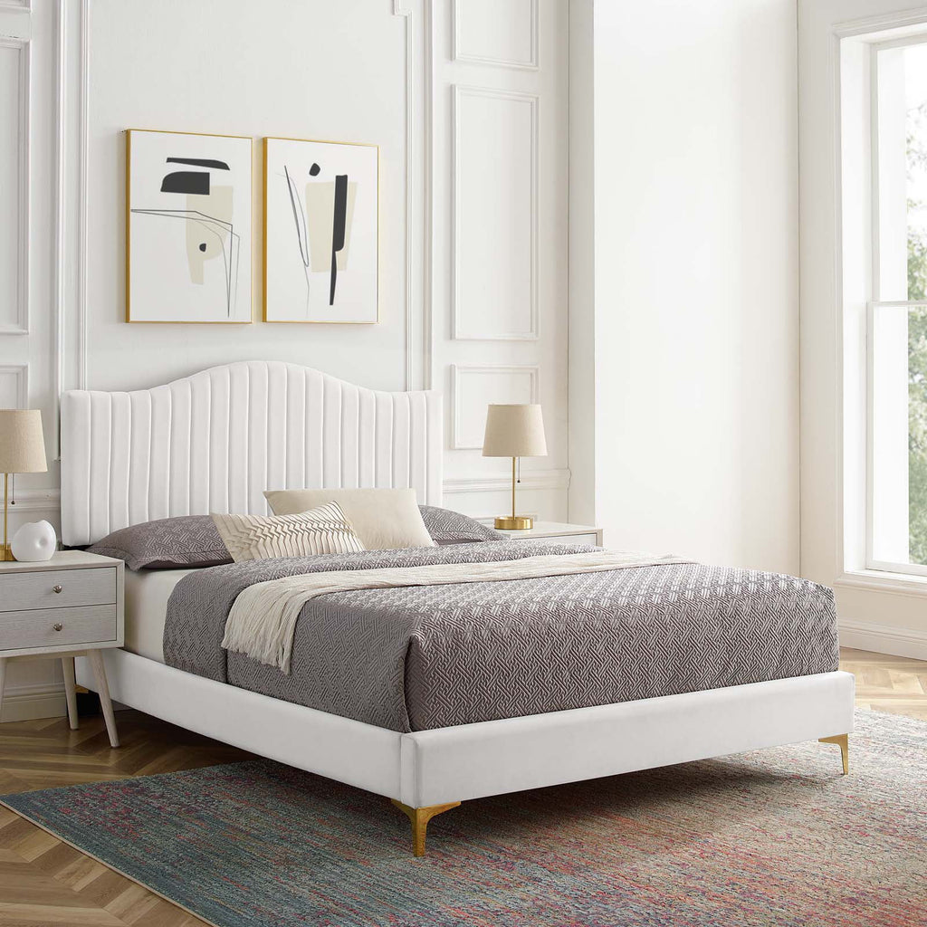 White Velvet Queen Size Tufted Platform Bed Frame S4784