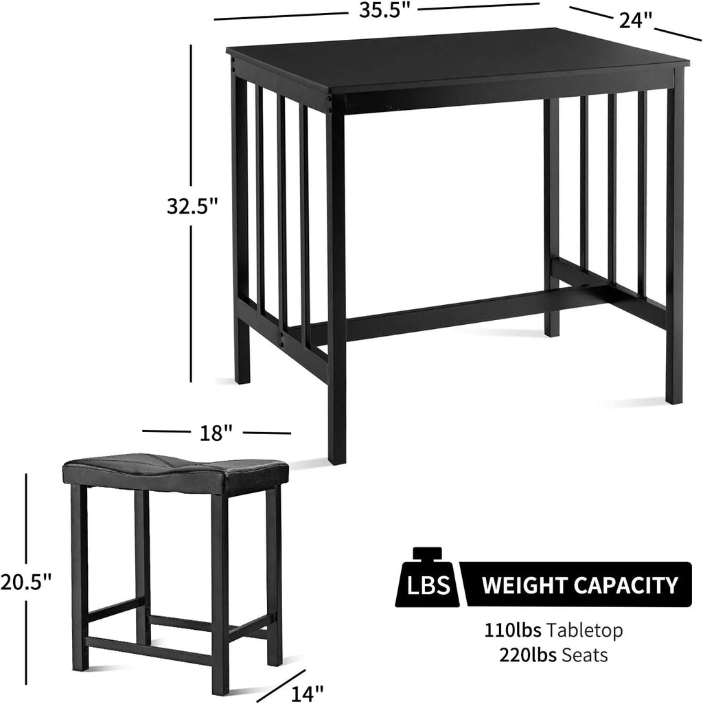 Black 3 Piece Dining Table Set with 2 Faux Leather Backless Stools D2785