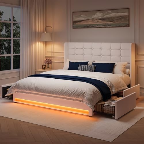 Queen Size White Velvet Upholstered Platform Bed Frame with 4 Storage Drawers G70245
