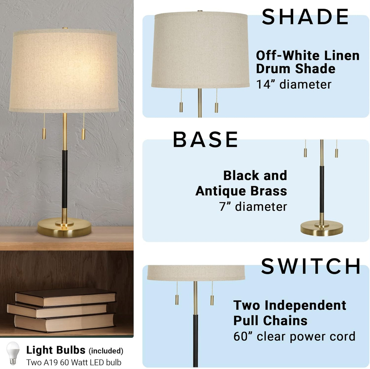 Black & Antique Brass 2-Light Table Lamp I735