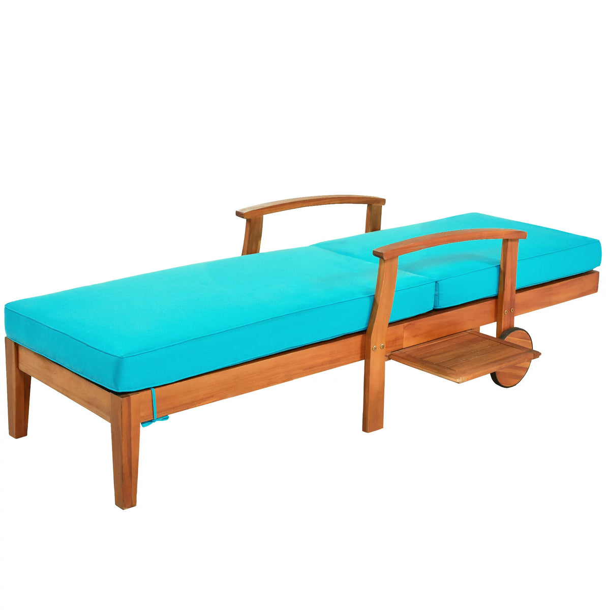 Solid Wood Chaise Lounge with Cushion, Wheels and Cup Table A60468