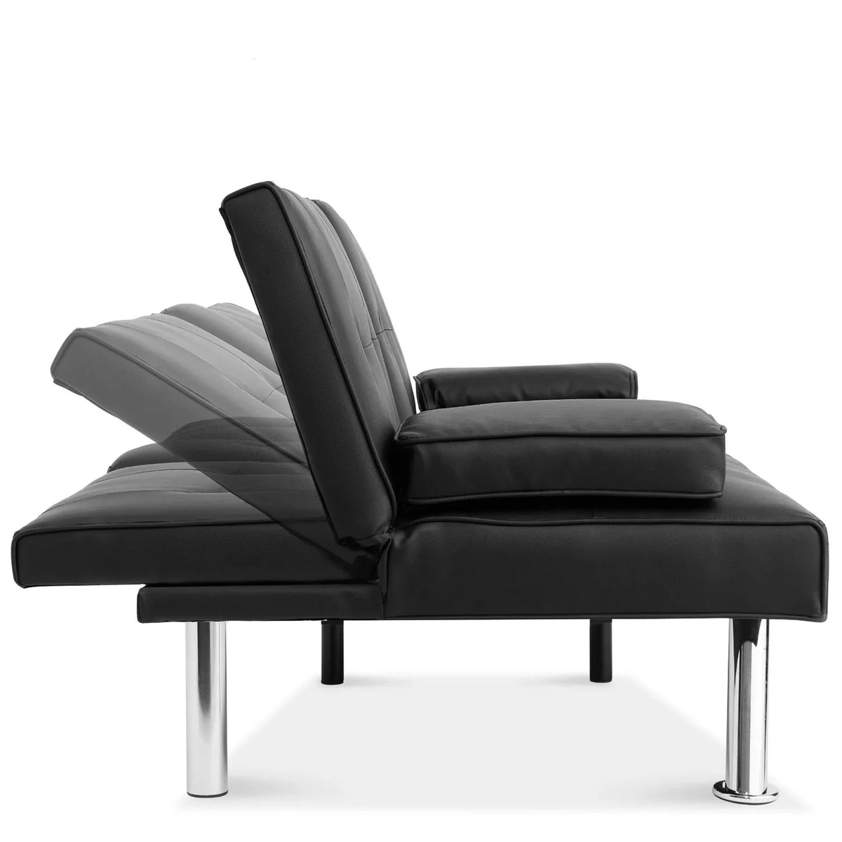 Black Faux Leather Convertible Sofa Futon with 2 Cup Holders R253147