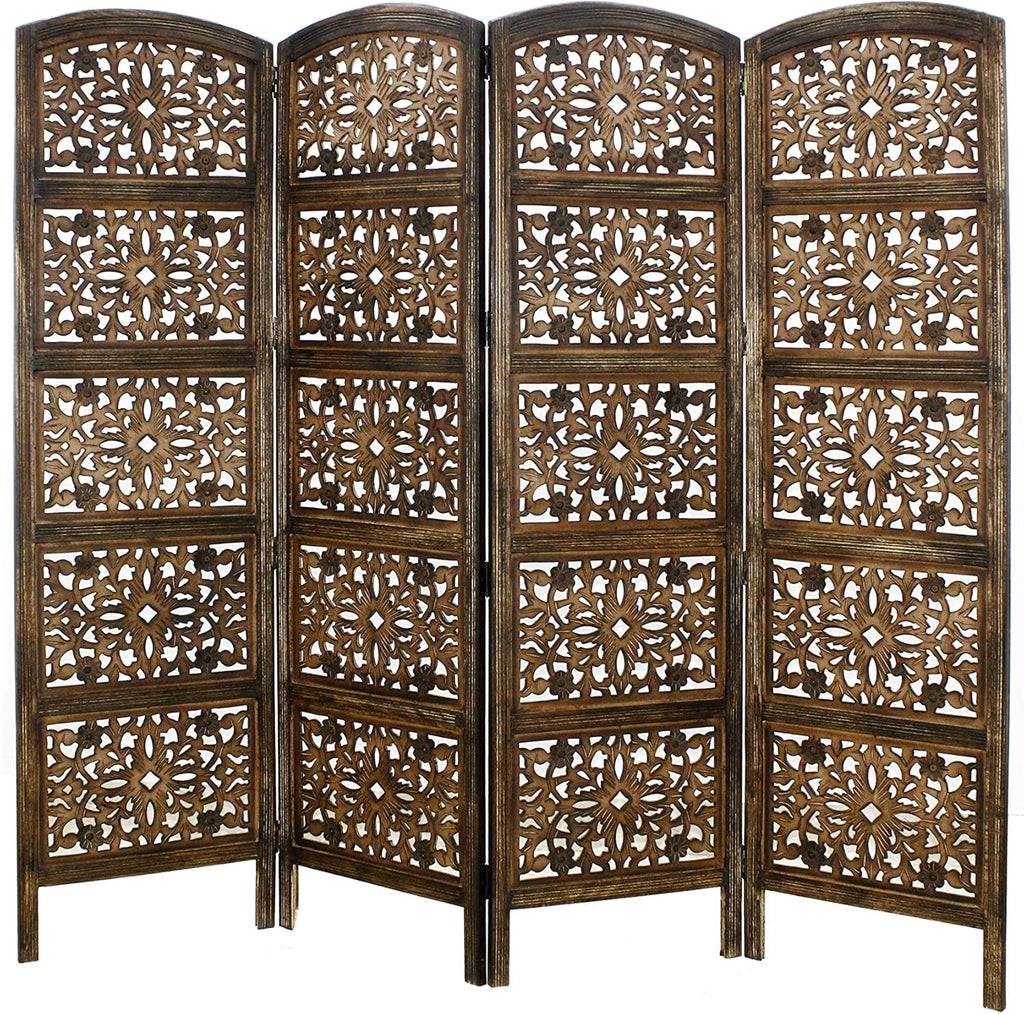 Antique Brown 4 Panel Handcrafted Wood Room Divider Screen C395785