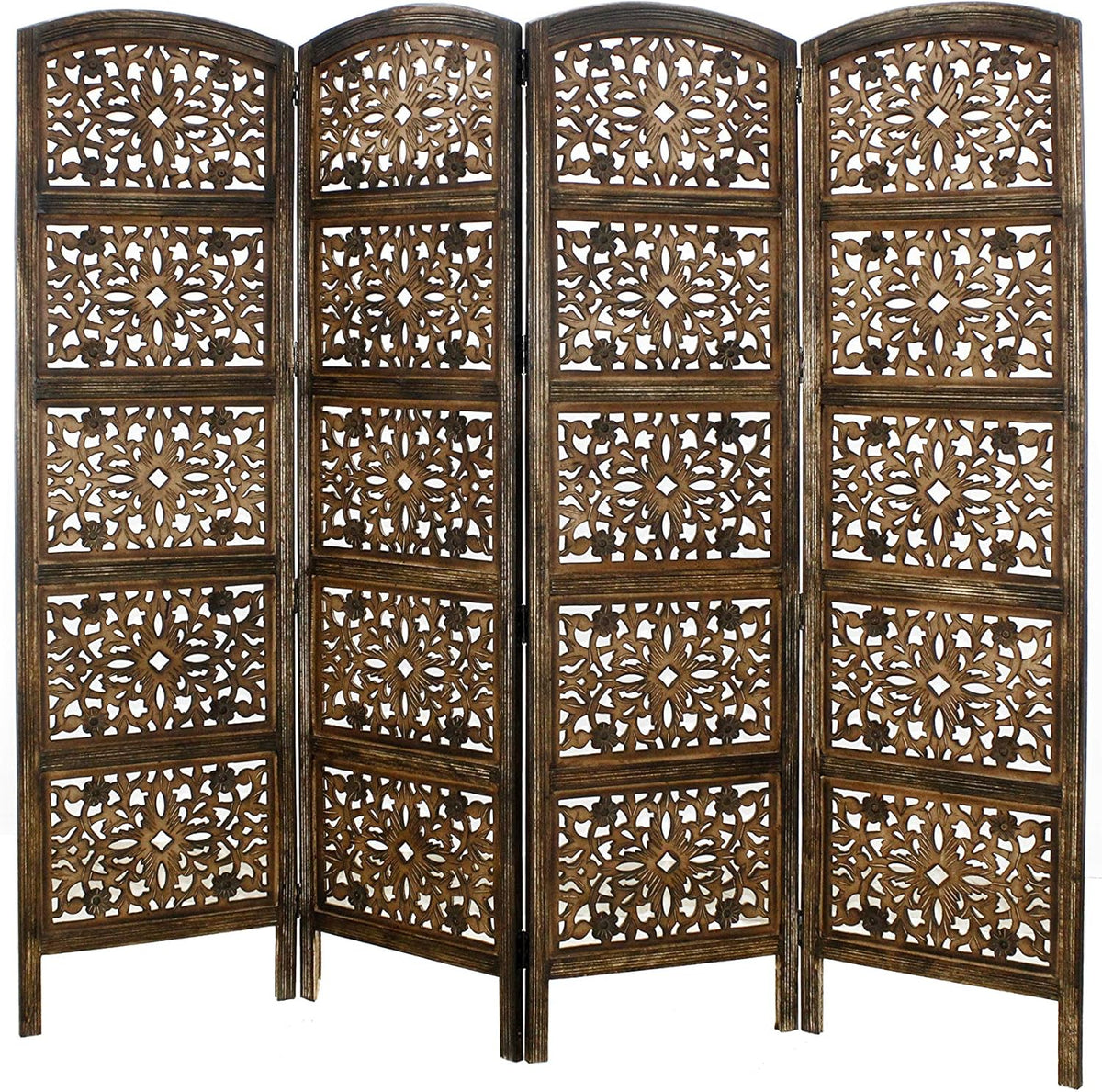 Antique Brown 4 Panel Handcrafted Wood Room Divider Screen C395785