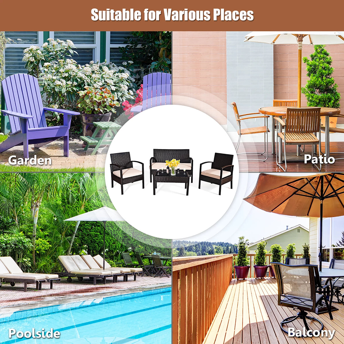 4 Pc Cushioned Patio Rattan Conversation Furniture Set Q8034