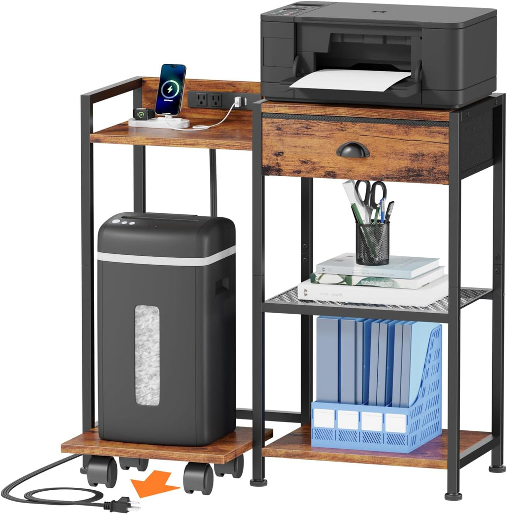 Printer Stand with Storage Drawer, 3 Tier, Wheels, Rustic Brown G76442