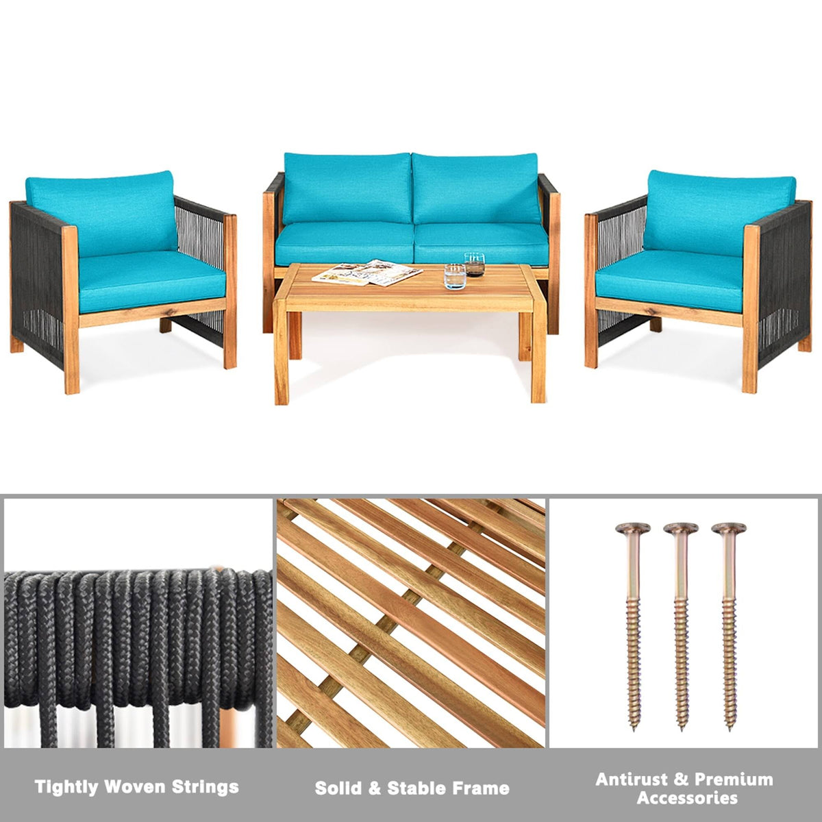 4 Pc Acacia Wood Outdoor Patio Conversation Set T464329