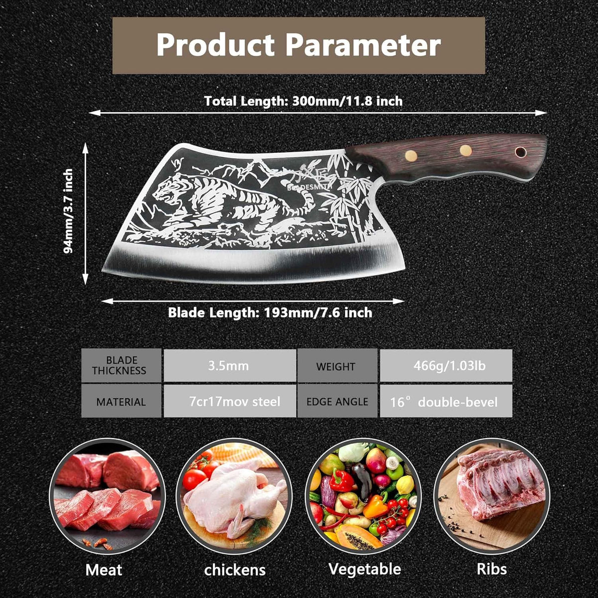 High Carbon Steel Full Tang Meat Cleaver with Solid Wooden Handle X941450