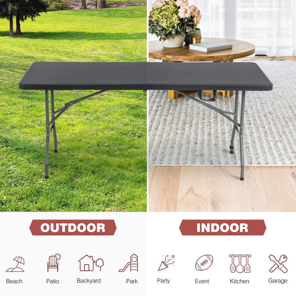 Black 6ft Plastic Folding Table with Carrying Handle U440410