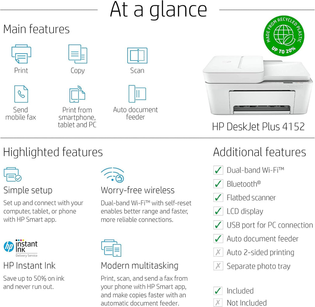 Renewed HP DeskJet Plus 4152 Wireless All-in-One Color Inkjet Printer C703