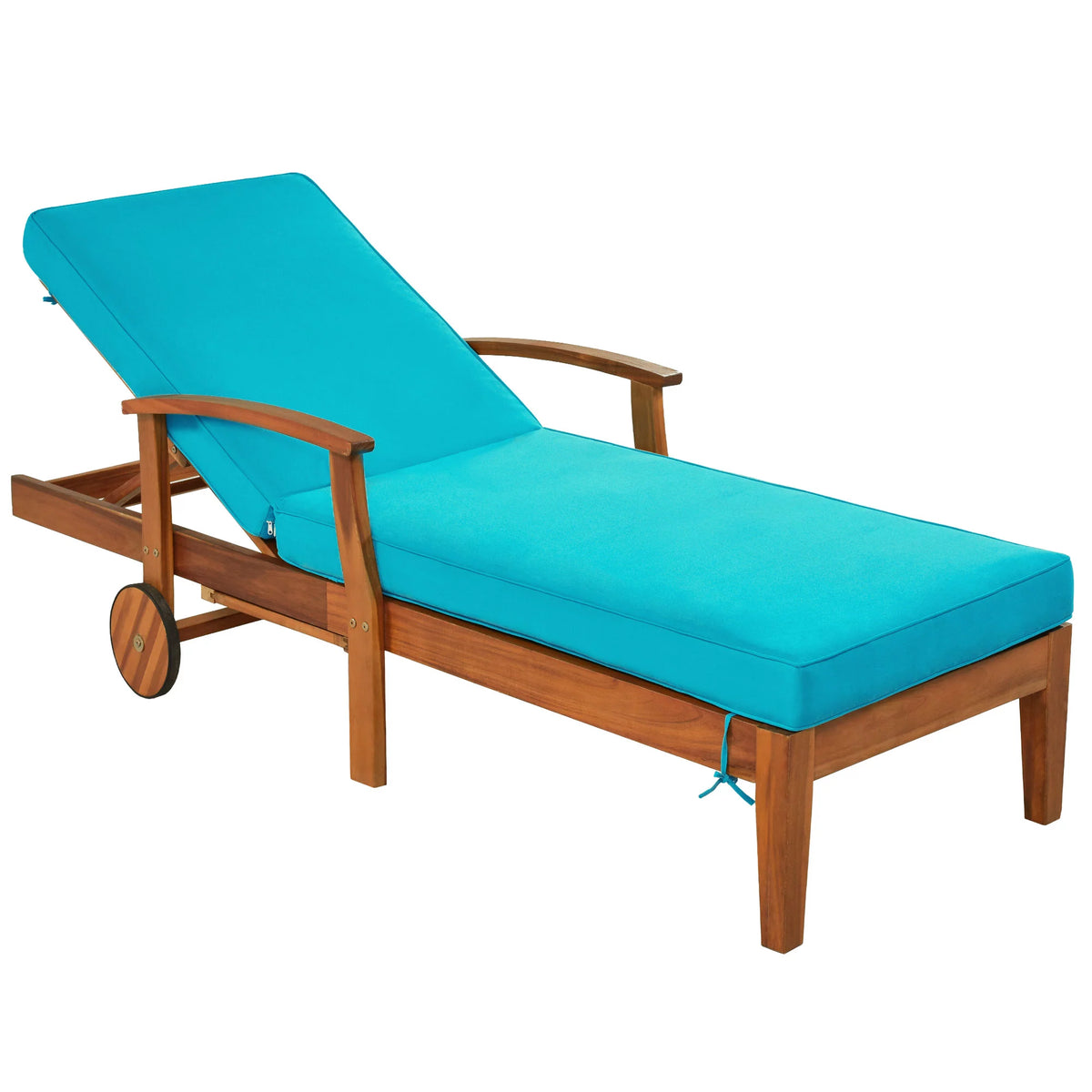 Solid Wood Chaise Lounge with Cushion, Wheels and Cup Table A60468