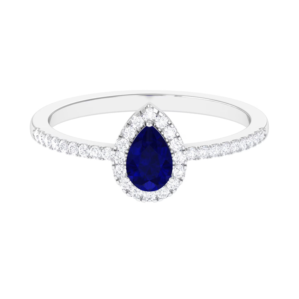 Pear Cut Blue Sapphire Teardrop Ring with Diamond Halo, 925 Sterling Silver, US 8.00 B124826