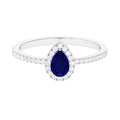 Pear Cut Blue Sapphire Teardrop Ring with Diamond Halo, 925 Sterling Silver, US 8.00 B124826