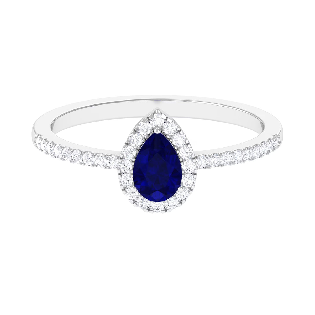 Pear Cut Blue Sapphire Teardrop Ring with Diamond Halo, 925 Sterling Silver, US 8.00 B124826