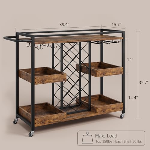 Brown 3 Tier Rolling Bar Cart with Wine Rack F4755