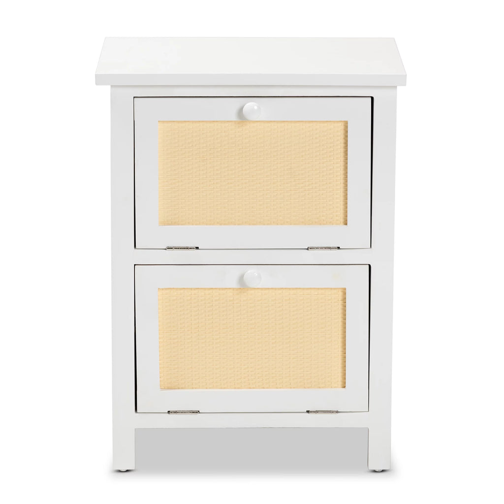 White Wood and Rattan 2-Door End Table C4618