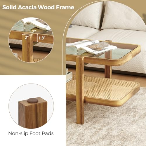 47.5" Rectangle Solid Wood Coffee Table with Tempered Glass Tabletop D438792