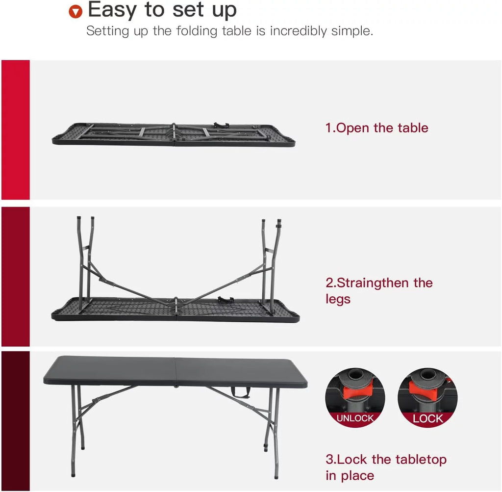 Black 6ft Plastic Folding Table with Carrying Handle U440410