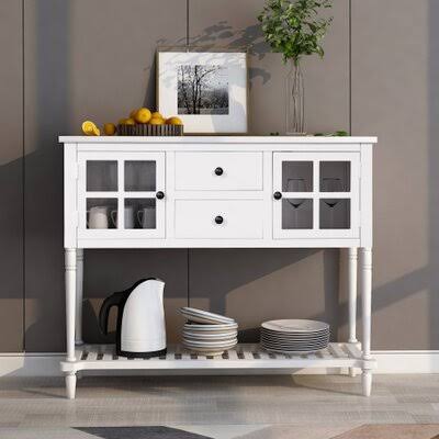 White Wood/Glass Sideboard Console Table with Bottom Shelf D271