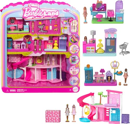 Mini Land DreamHouse & 3 Playsets with 4 1.5-Inch Dolls, Doll House Furniture & Accessories M375