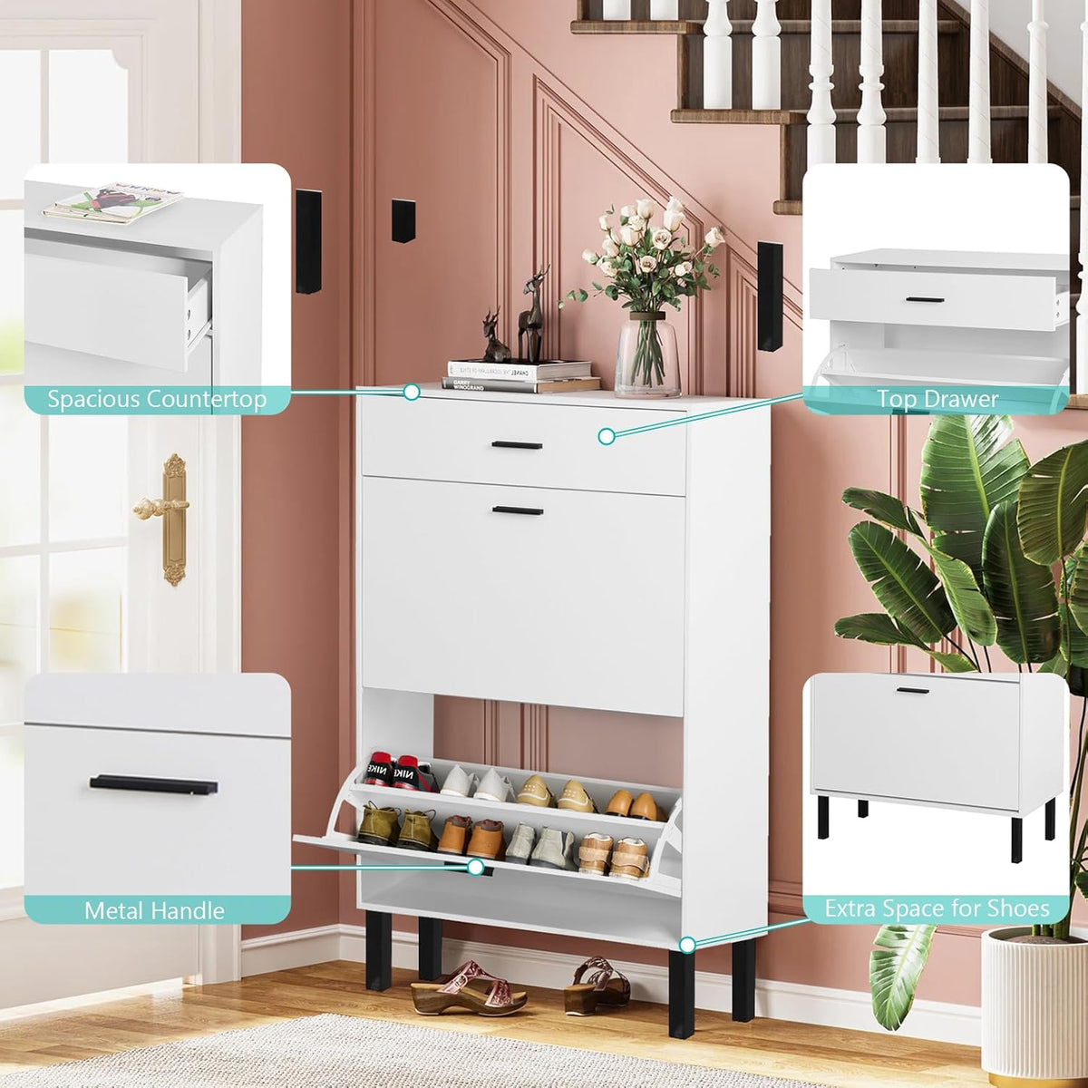 White Wooden Shoe Cabinet with 2 Flip Drawers N68875