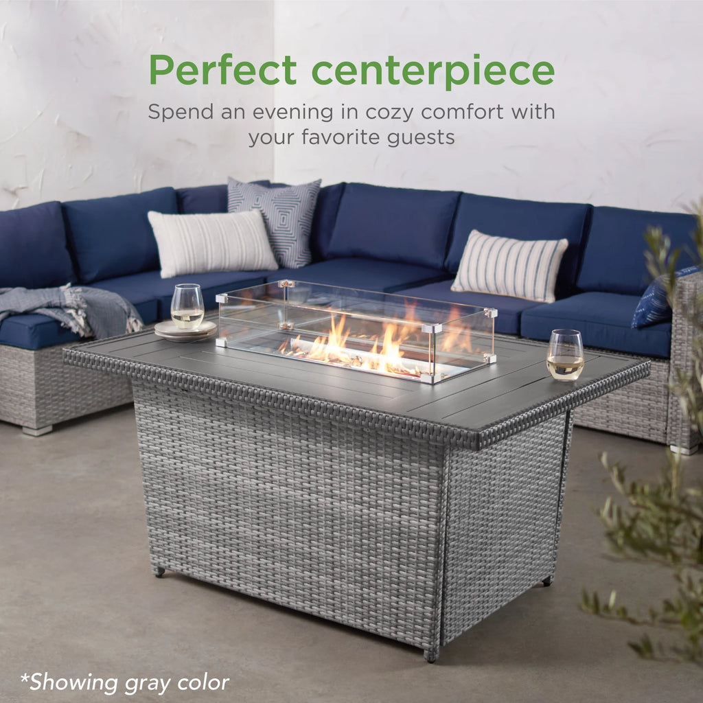 52in Gray Wicker Propane Gas Fire Pit Table with Glass Wind Guard F463