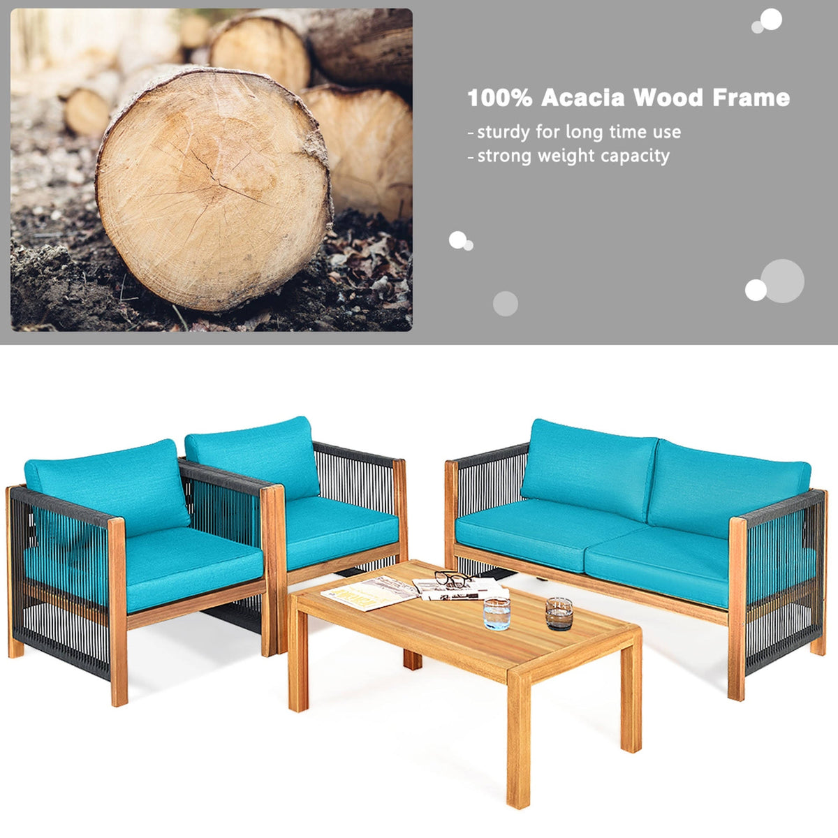 4 Pc Acacia Wood Outdoor Patio Conversation Set T464329