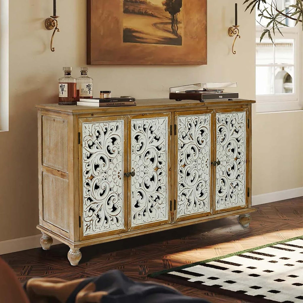 Accent Cabinet with 4 Doors and Wood Carved Floral Doors C951365