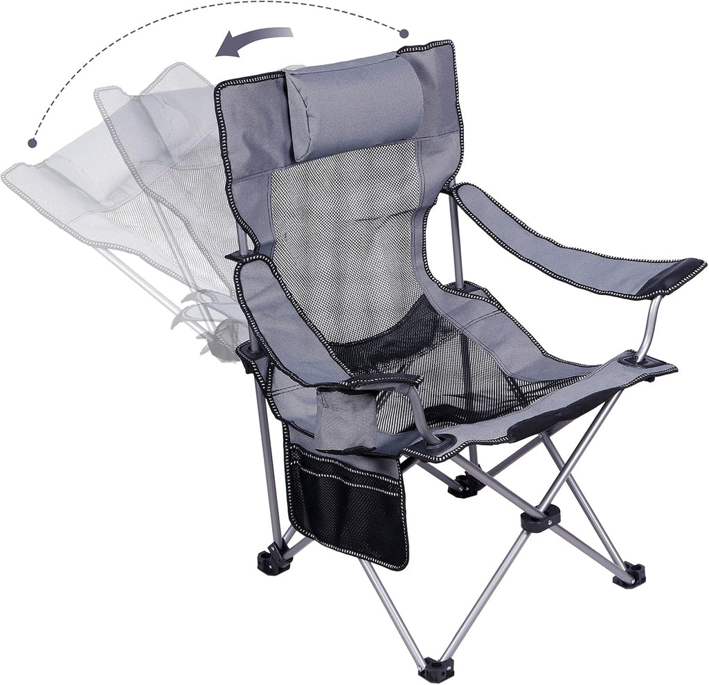 Green Folding Adjustable Recliner Camping Chair with Headrest Cup Holders Side Pocket V31031